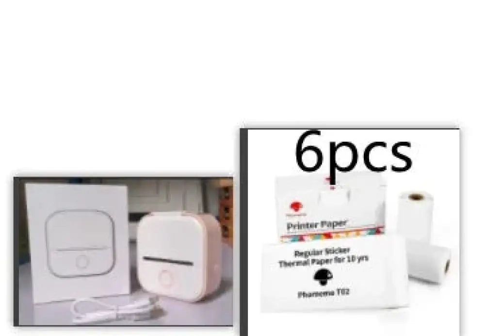 White compact portable bluetooth mini thermal printer with minimalist design and six rolls of phaser t52 sticker paper