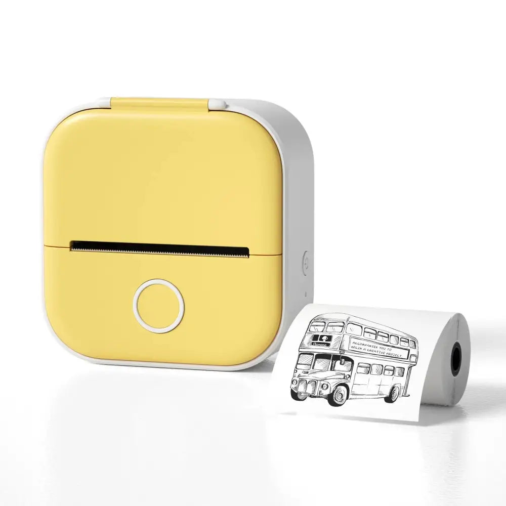 Yellow and white portable bluetooth mini thermal label and photo printer printing a black and white bus illustration