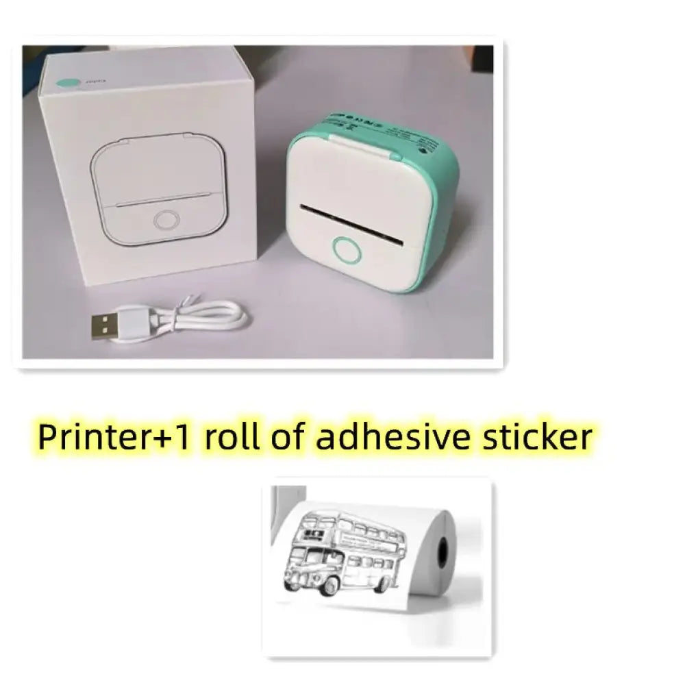 Mint green and white compact portable bluetoot mini thermal label and photo printer with circular front button