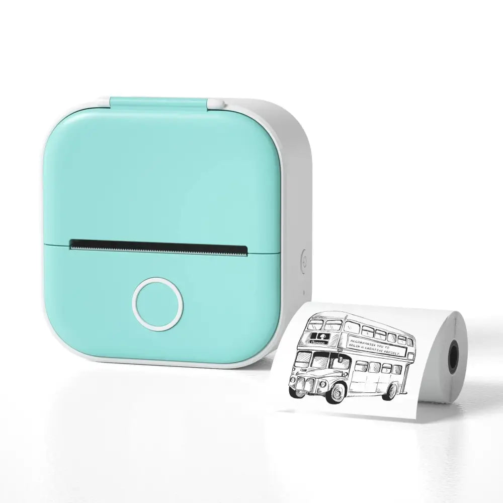 Mint green and white portable bluetooth mini thermal label and photo printer printing a vintage double-decker bus illustration