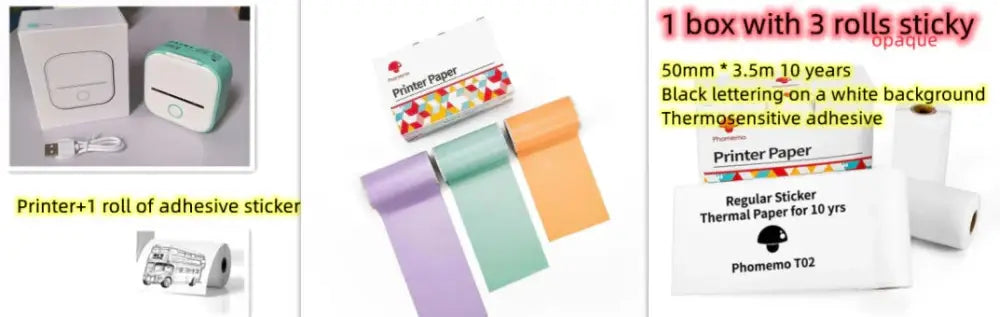 Portable bluetooth mini thermal label and photo printer with three rolls of purple mint green and orange adhesive sticker paper