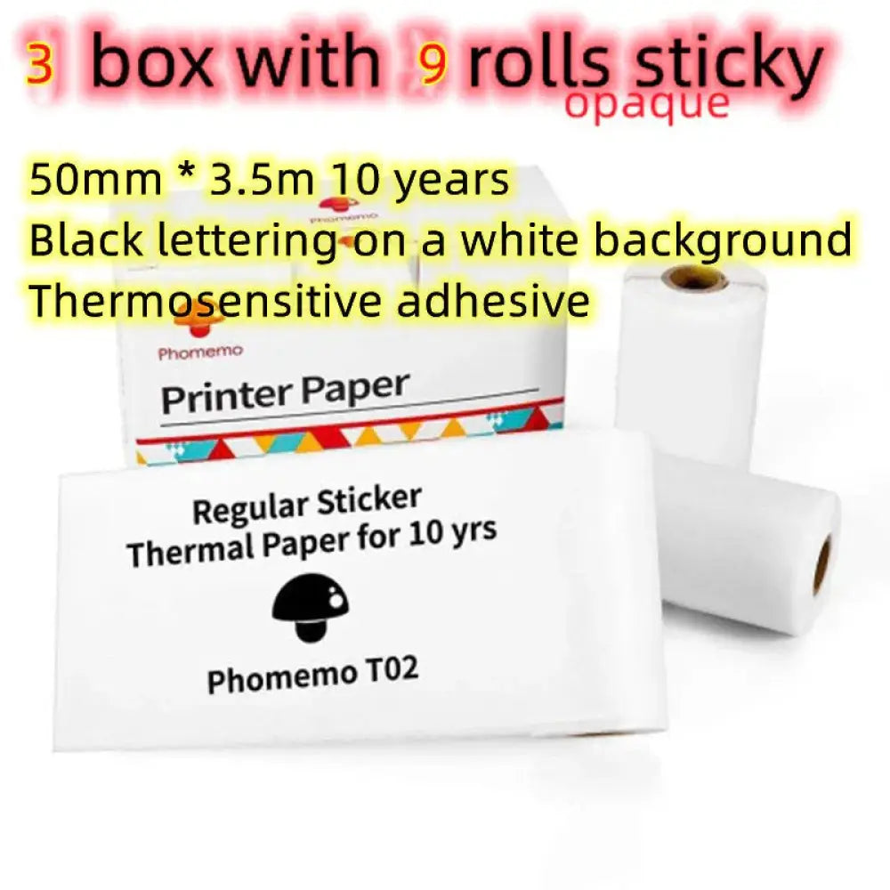 White thermal paper rolls with black lettering for portable bluetooth mini thermal label and photo printer designed for 10-year archival use