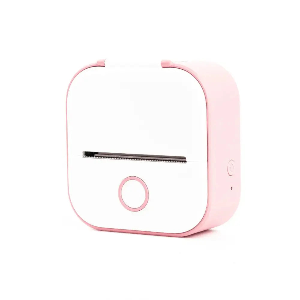 Portable bluetooth mini thermal label and photo printer in pink and white with rounded edges and a front circular button