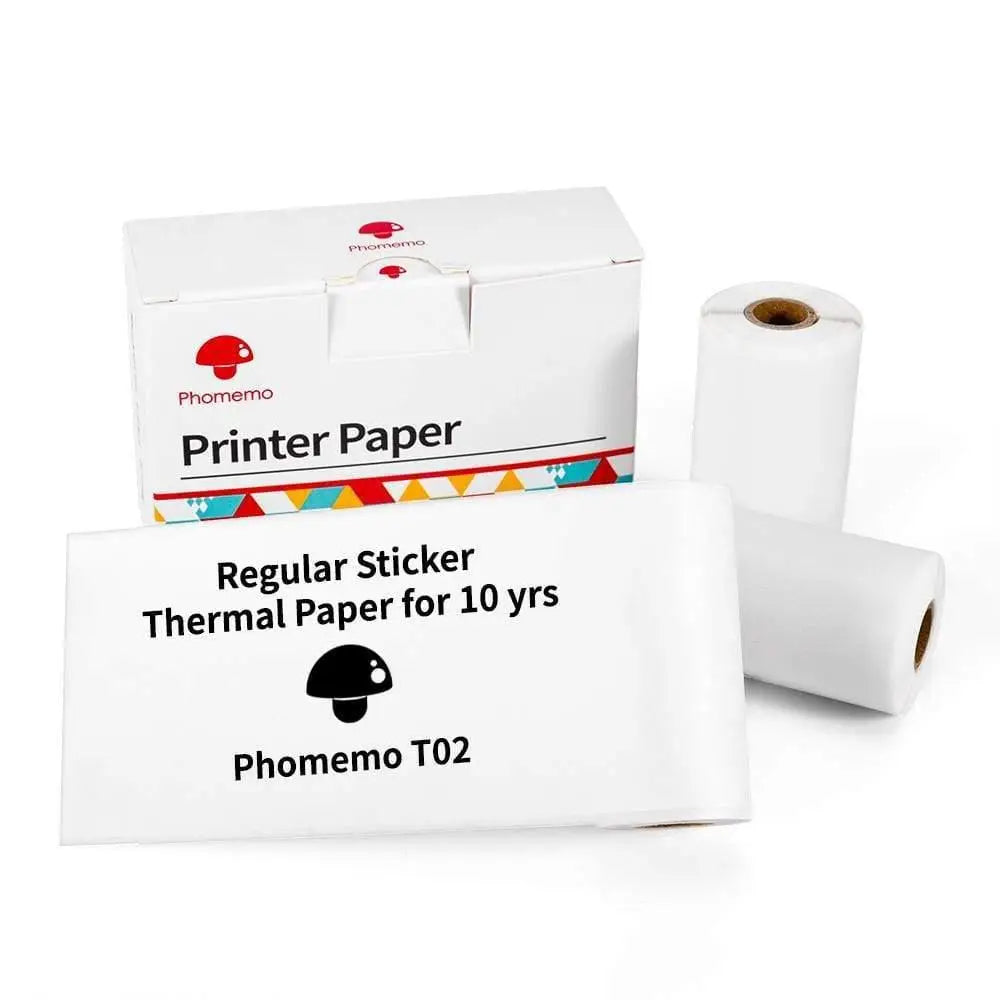 White thermal paper rolls for phomemo t02 portable bluetooth mini thermal label and photo printer in branded box with geometric accents