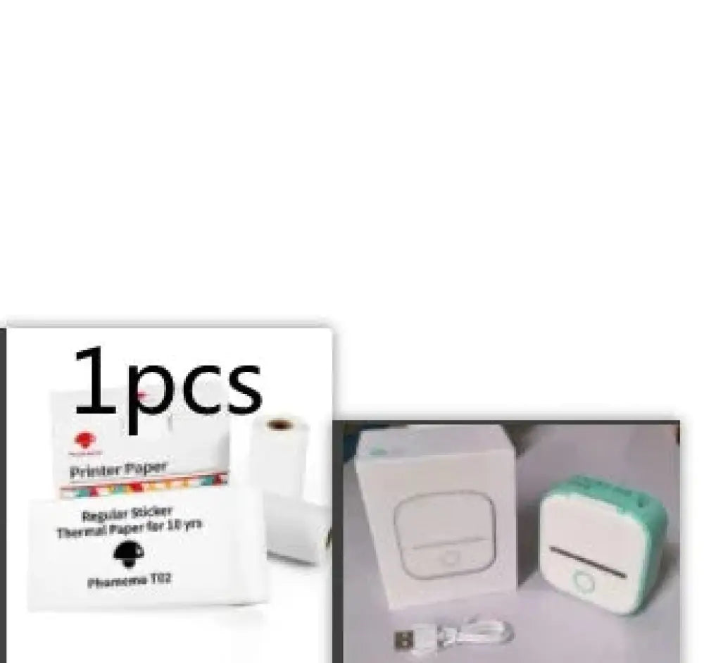 White and teal square-shaped portable bluetooth mini thermal label and photo printer with a circular front button