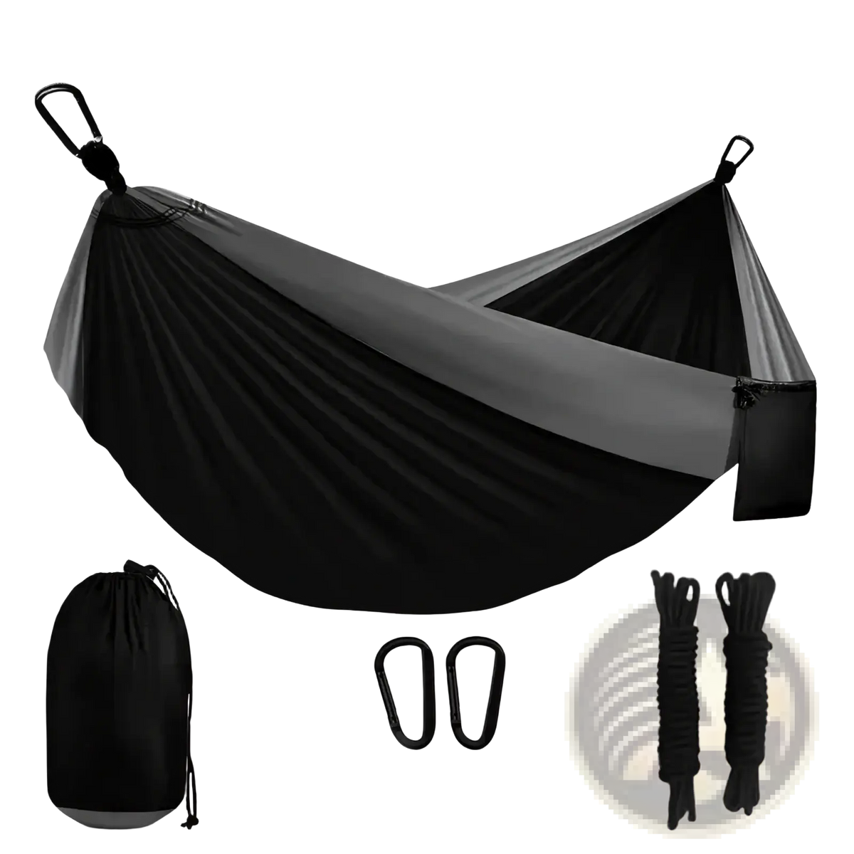 Black and gray two-tone nylon portable camping hammock with attached carabiners, ropes, and drawstring carry bag