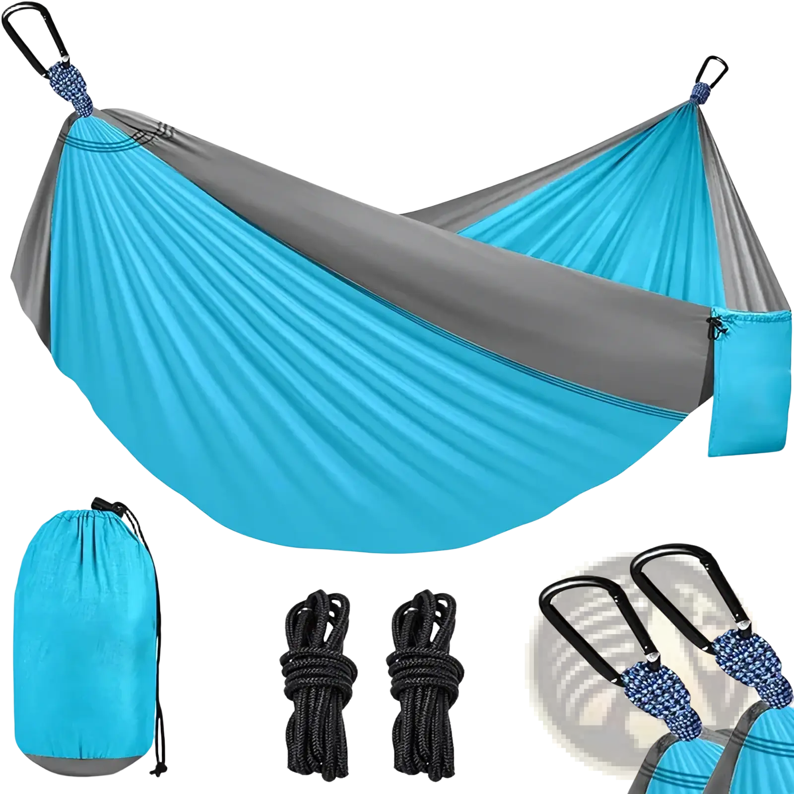 Portable nylon camping hammock in blue and gray stripes with black carabiners and rope for outdoor use
