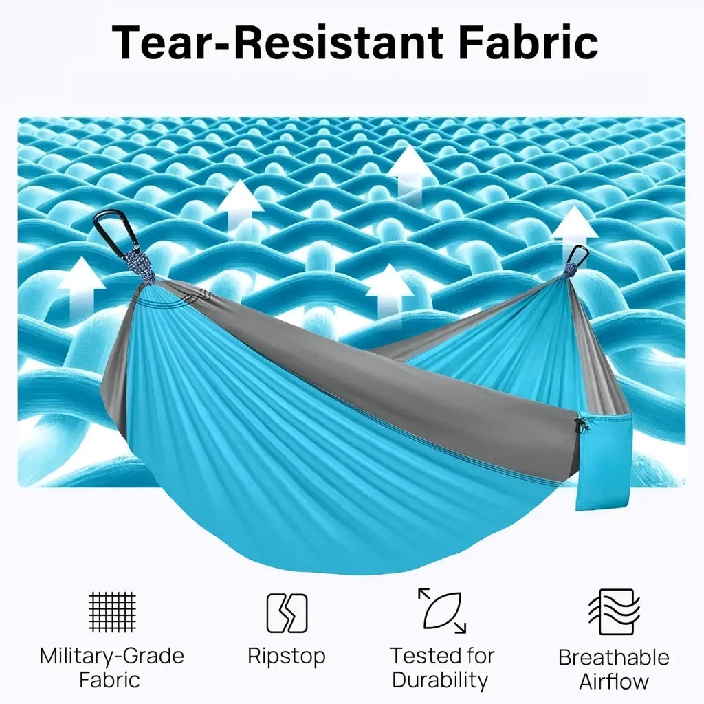 Blue and gray tear-resistant portable nylon camping hammock with military-grade fabric and tree straps