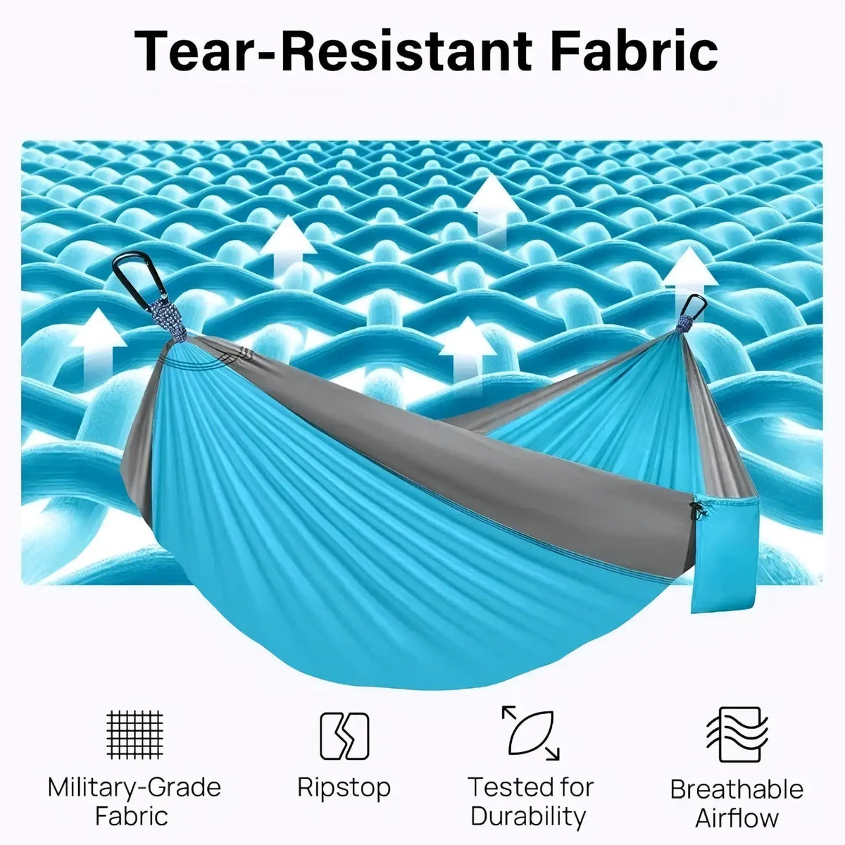 Blue and gray tear-resistant portable nylon camping hammock with military-grade fabric and tree straps