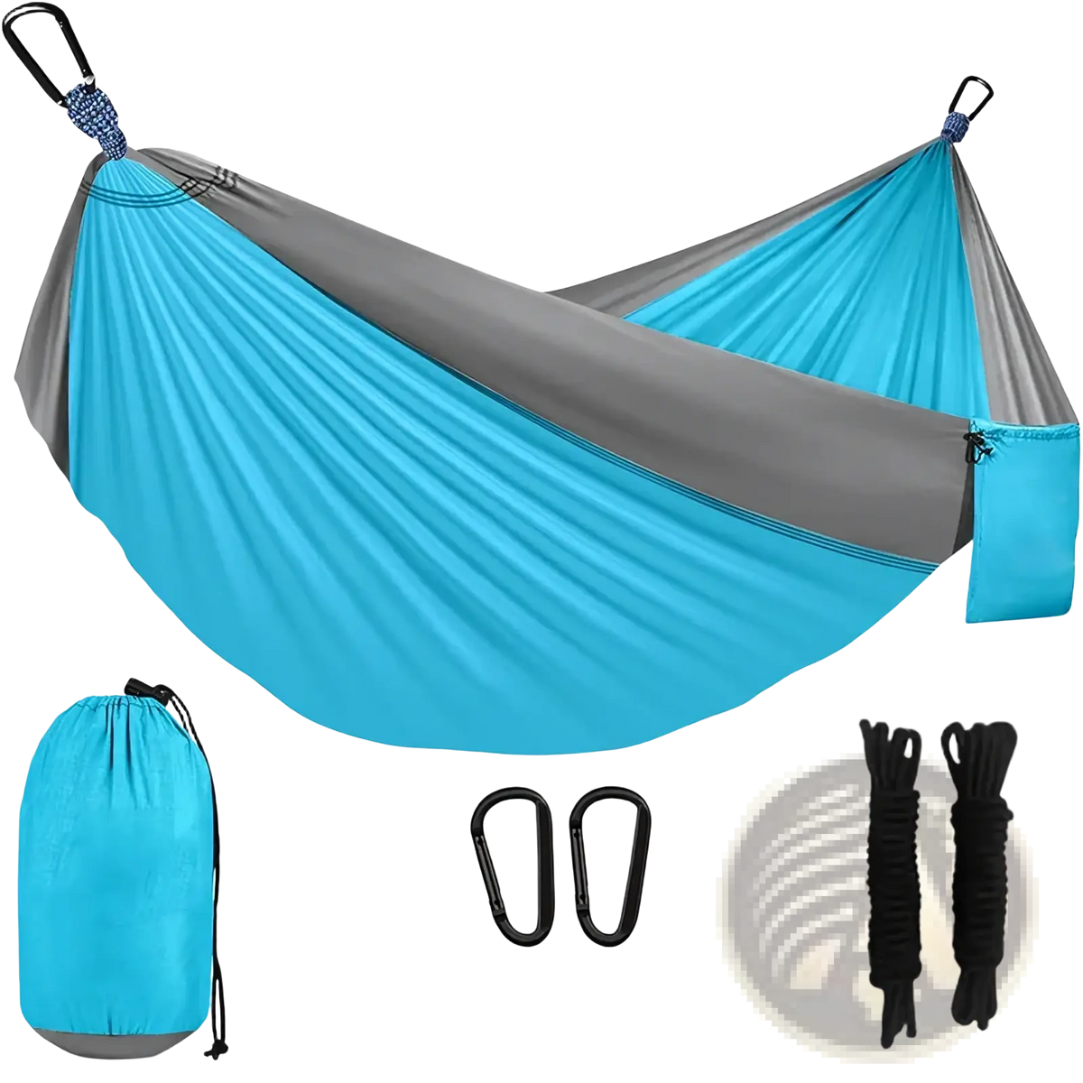 A portable nylon camping hammock in vibrant turquoise and gray with sleek lightweight fabric and tree straps