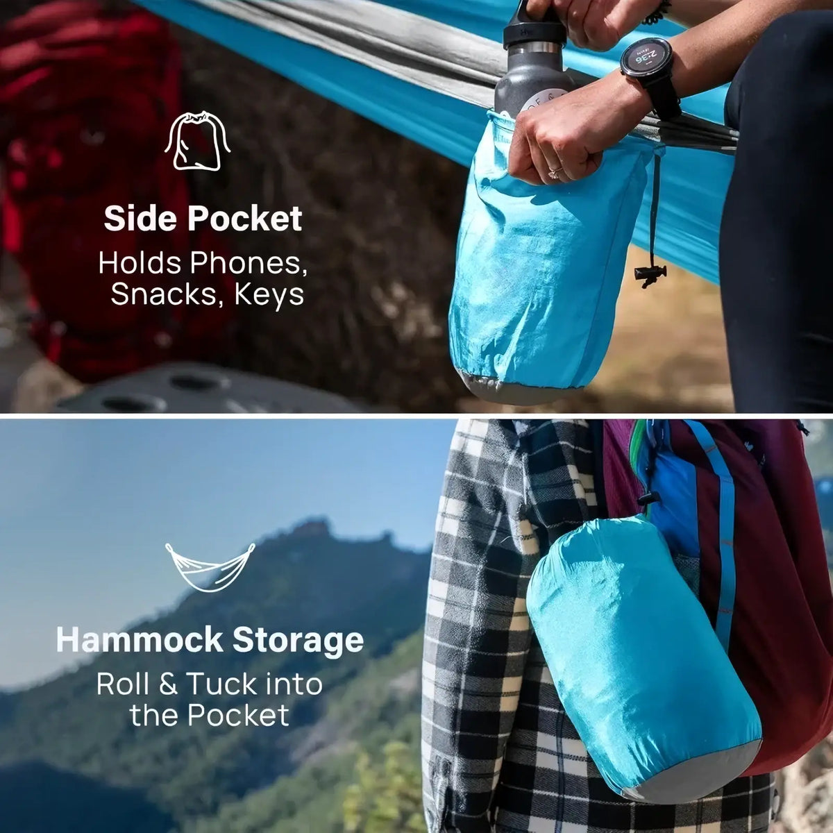 A bright blue lightweight nylon pouch designed to securely hold water bottles for the portable nylon camping hammock with tree straps