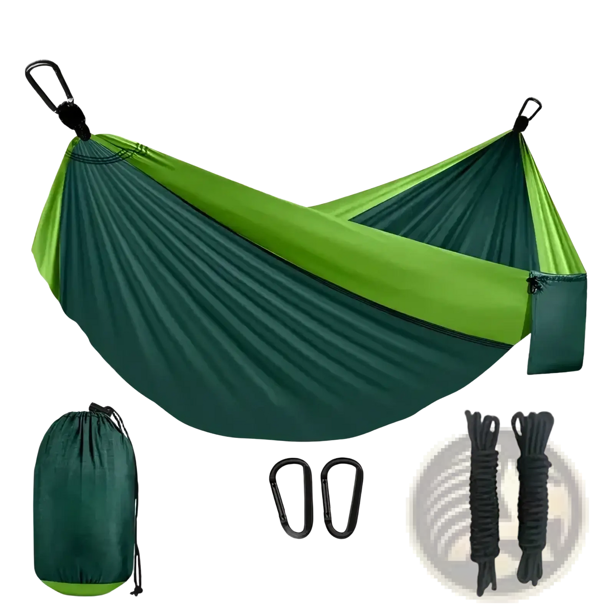 Portable nylon camping hammock with green two-tone nylon fabric and black carabiners including rope straps