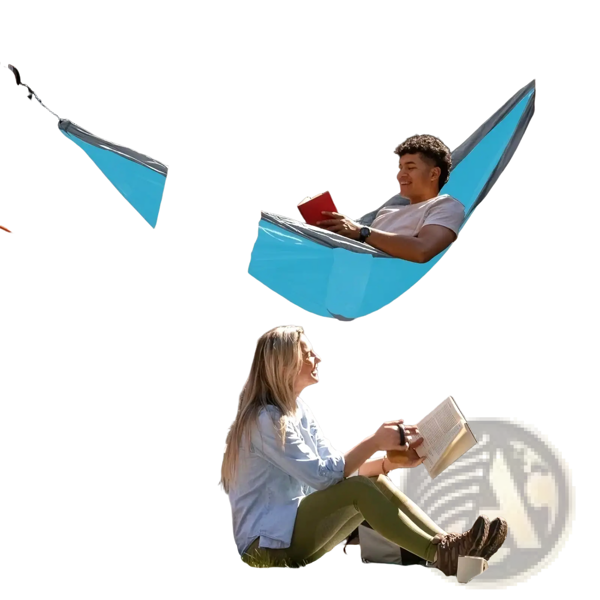 Light blue lightweight nylon portable camping hammock suspended between trees with included tree straps