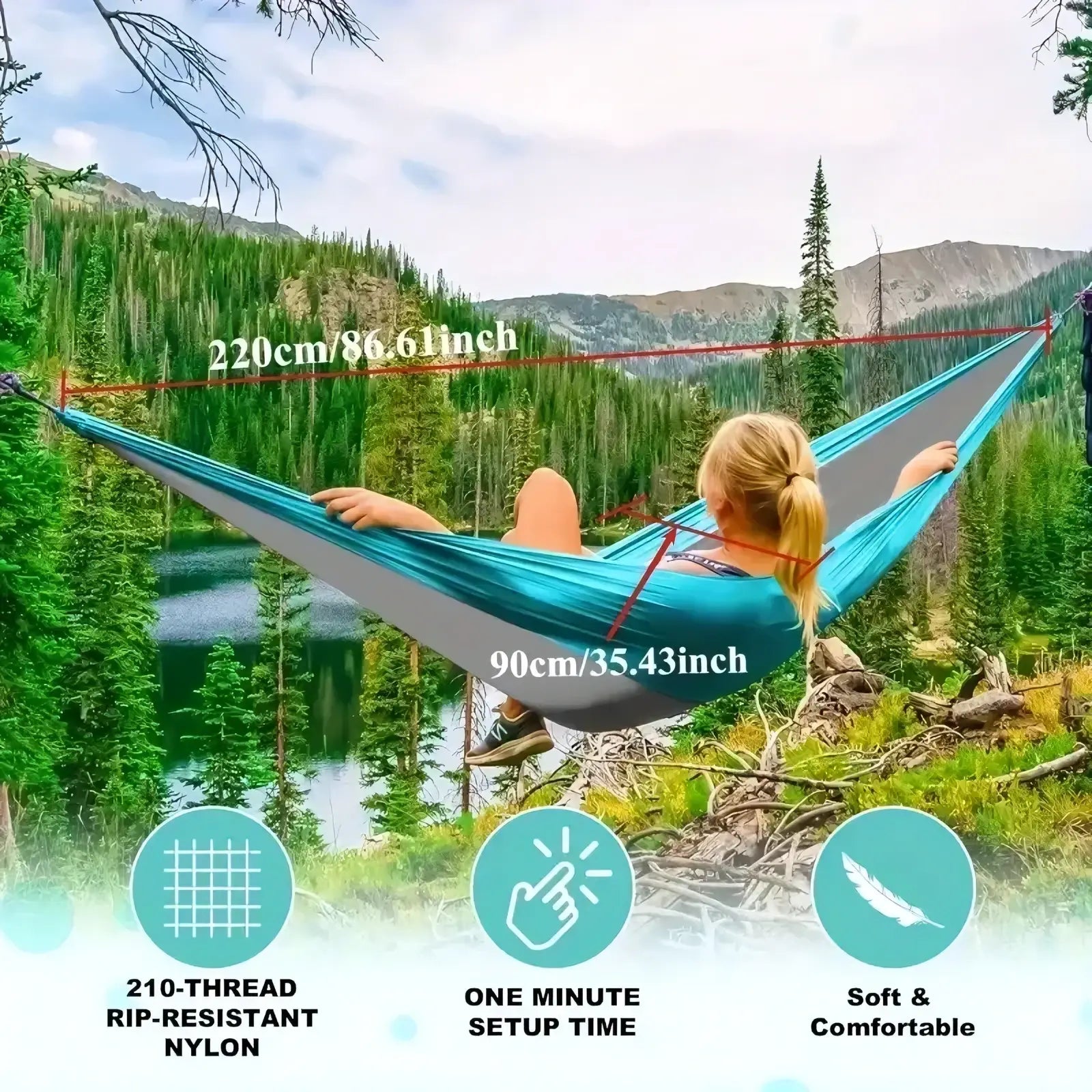Teal and gray two-tone portable nylon camping hammock with rip-resistant fabric and tree straps for outdoor use