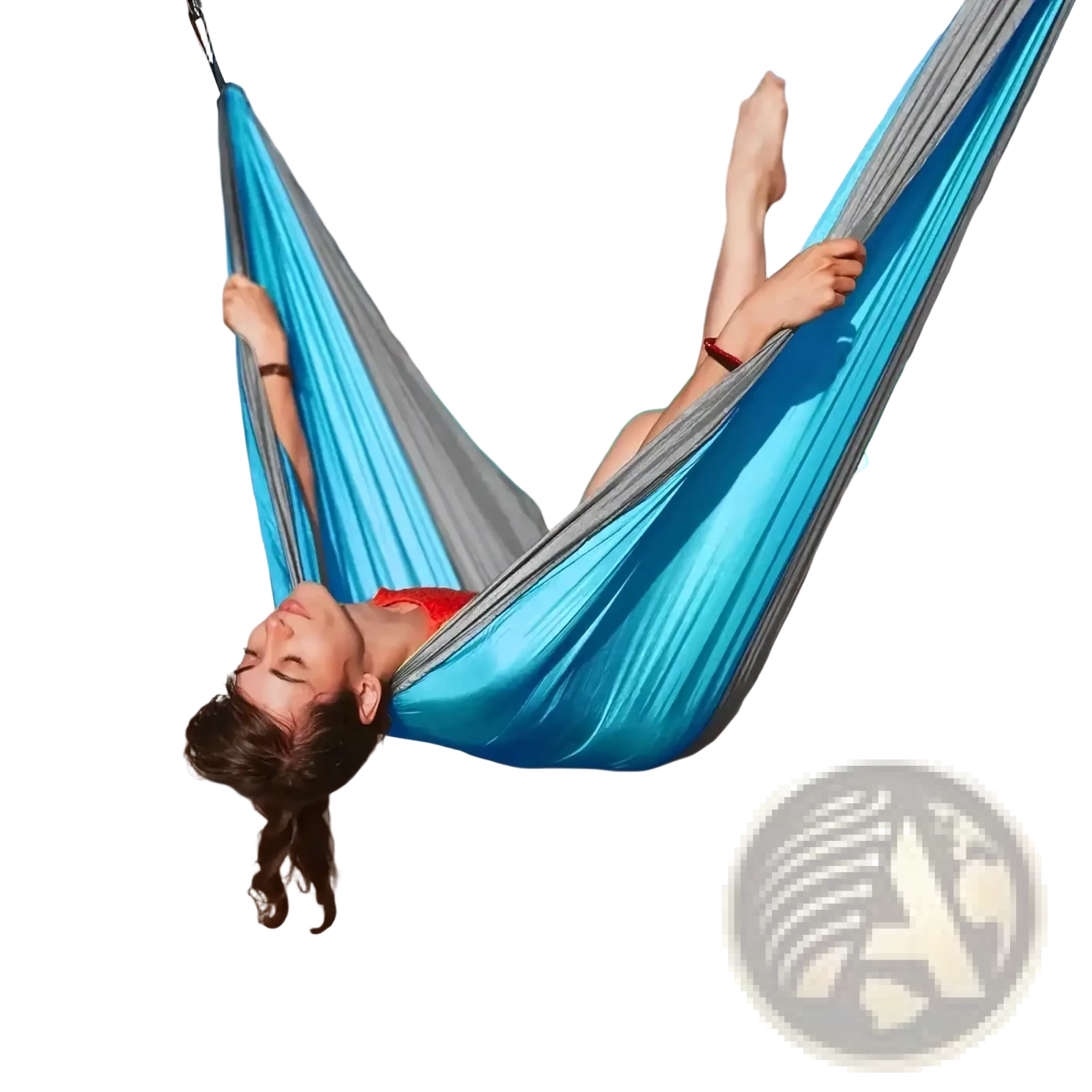 A vibrant blue and gray portable nylon camping hammock made of soft silk-like material with tree straps