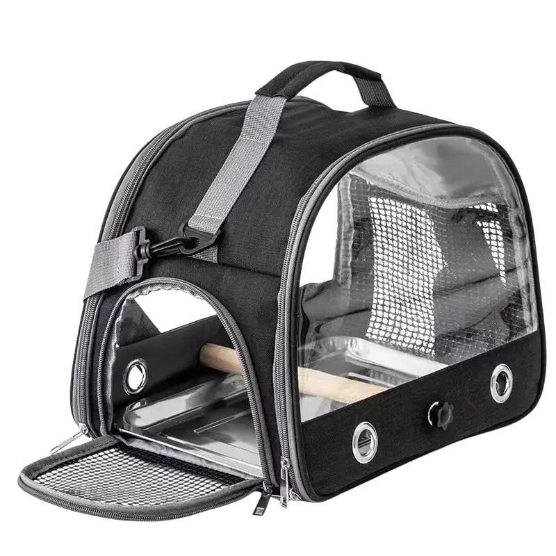 Black portable pet backpack with clear mesh sides and gray adjustable strap for comfortable pet transport