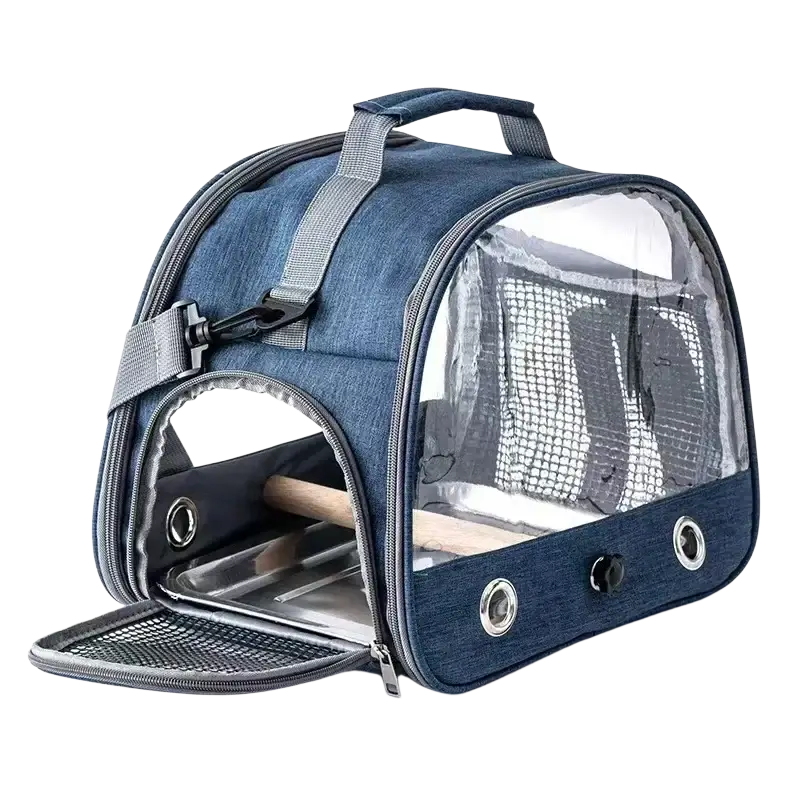 Blue denim portable pet backpack with clear plastic window and gray webbing straps for easy pet carrying