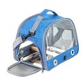 Portable pet backpack clear window carrier in blue denim texture with transparent mesh sides and gray adjustable strap