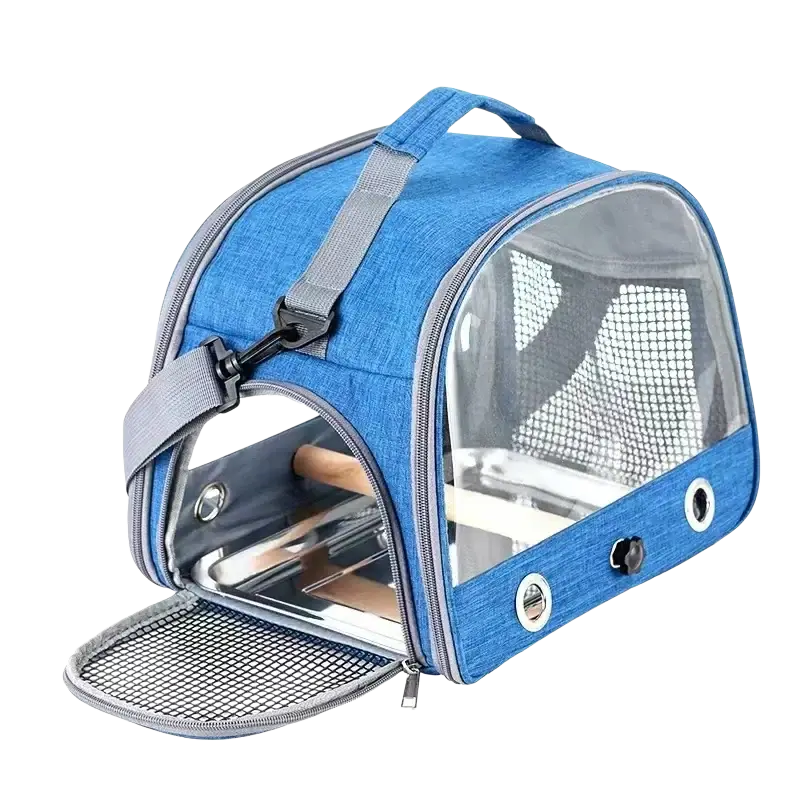 Portable pet backpack clear window carrier in blue denim texture with transparent mesh sides and gray adjustable strap