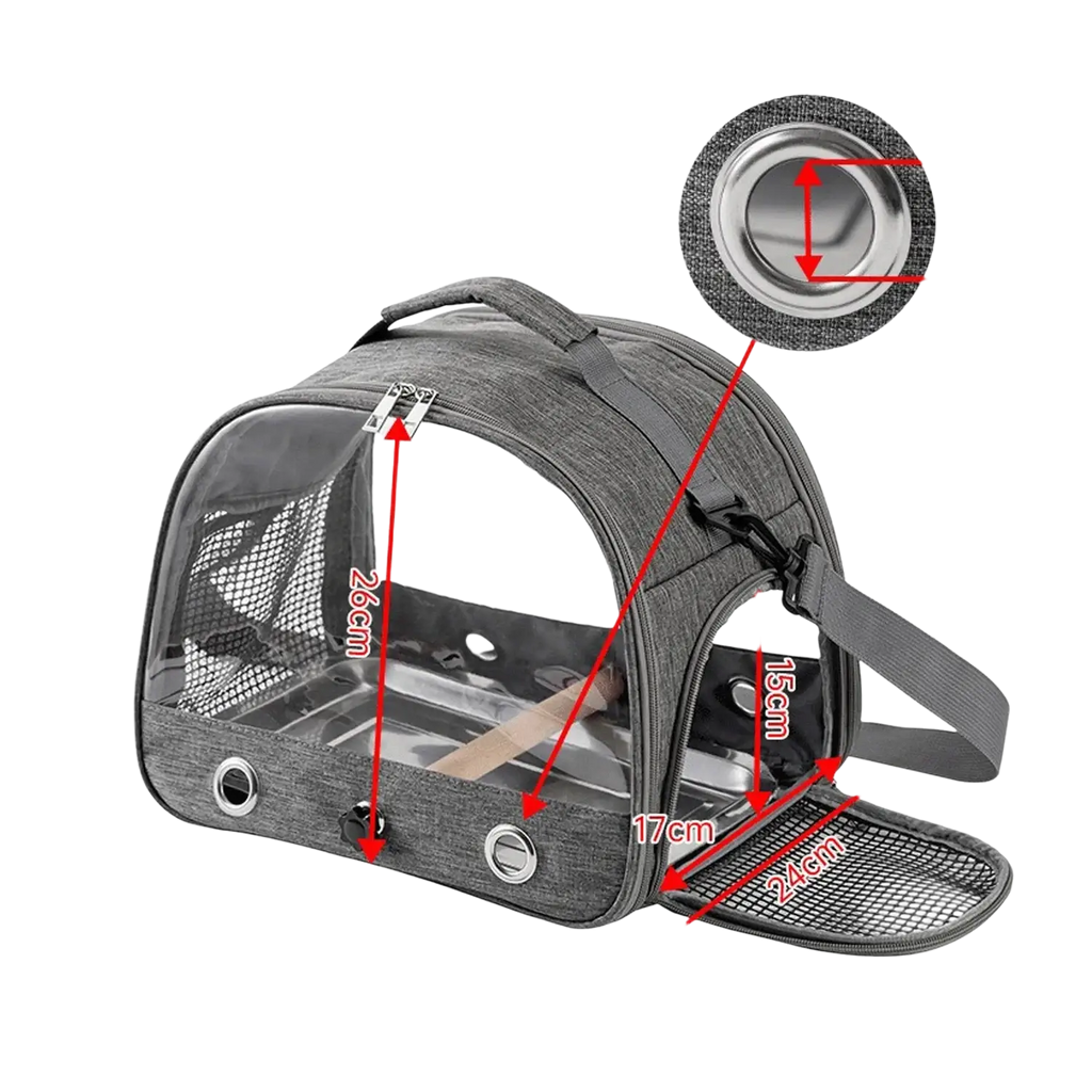 Portable pet backpack clear window carrier gray made of gray fabric with transparent mesh sides and adjustable straps