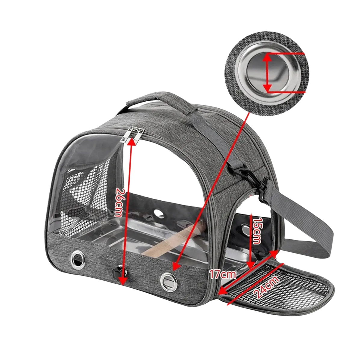 Portable pet backpack clear window carrier gray made of gray fabric with transparent mesh sides and adjustable straps