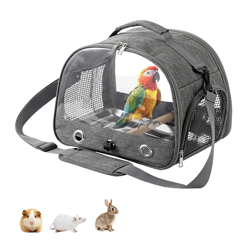 Gray mesh portable pet backpack with clear window front panel and adjustable strap for safe transport of small birds