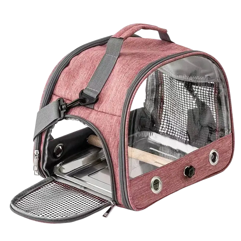 Portable pet backpack clear window carrier in pink heathered fabric with transparent sides and gray mesh straps and zippers