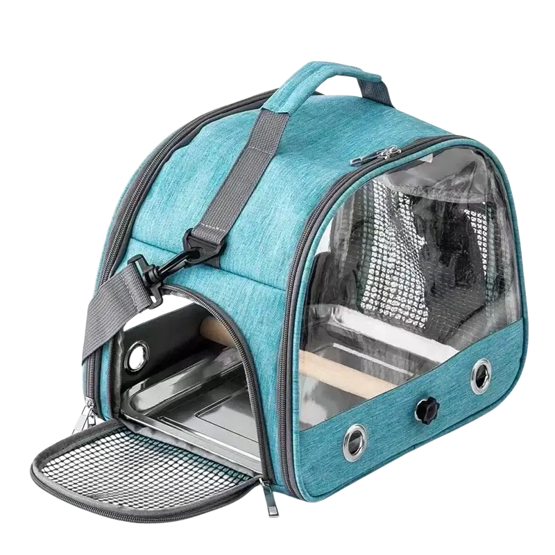Teal portable pet backpack with transparent mesh sides and gray adjustable strap for comfortable pet transport