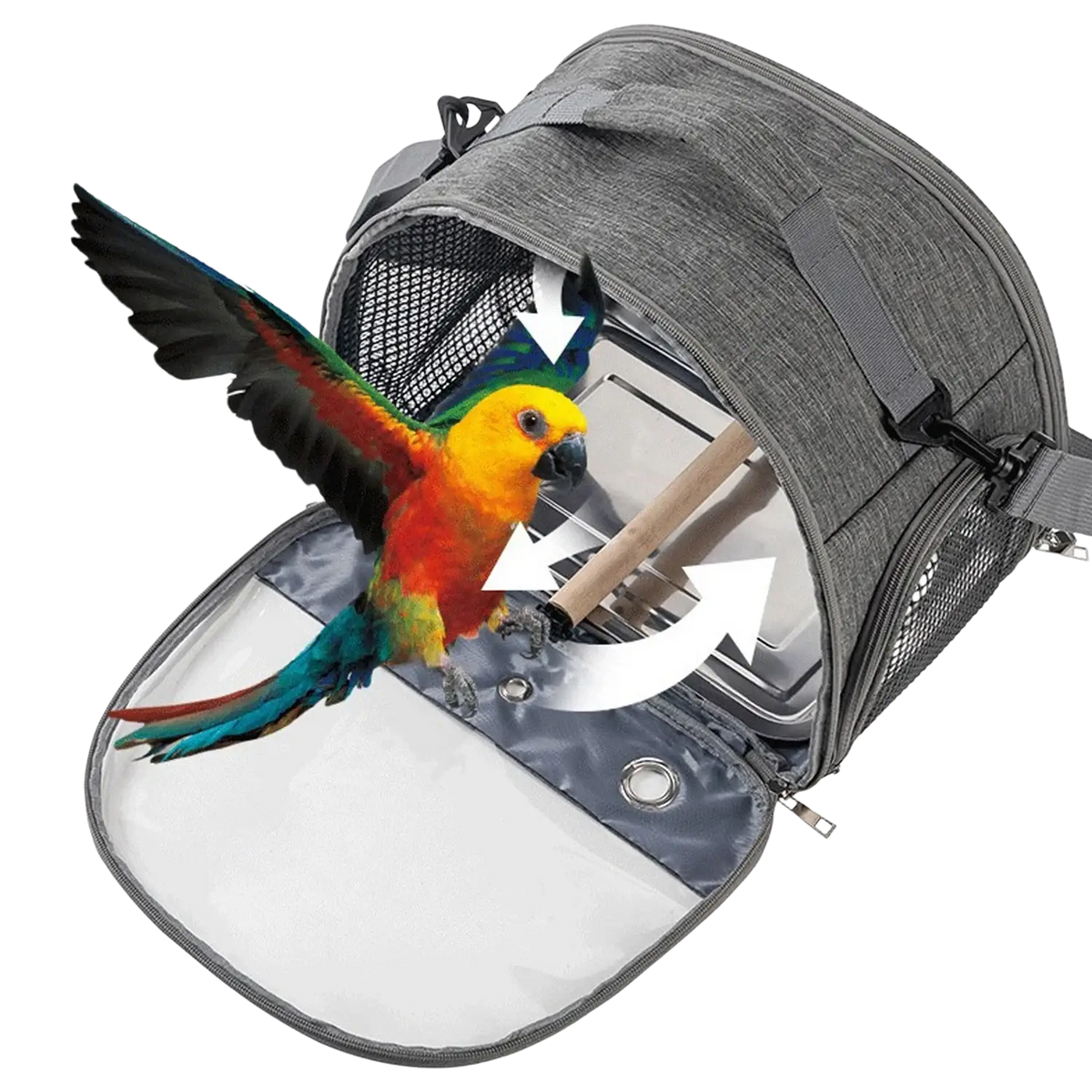 Gray textured portable pet backpack carrier with clear front panel mesh sides and adjustable strap system