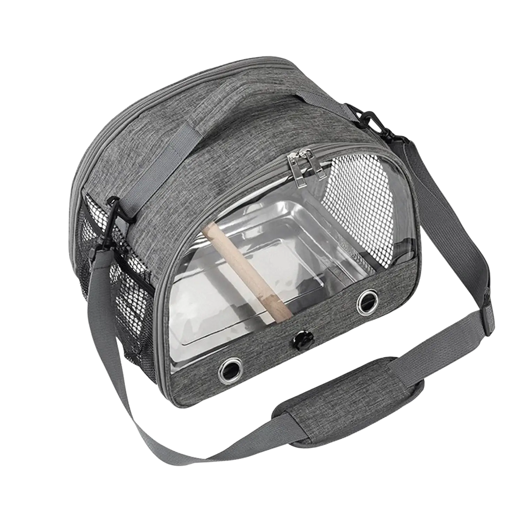 Portable pet backpack clear window carrier gray with textured fabric mesh sides and transparent front panel for ventilation