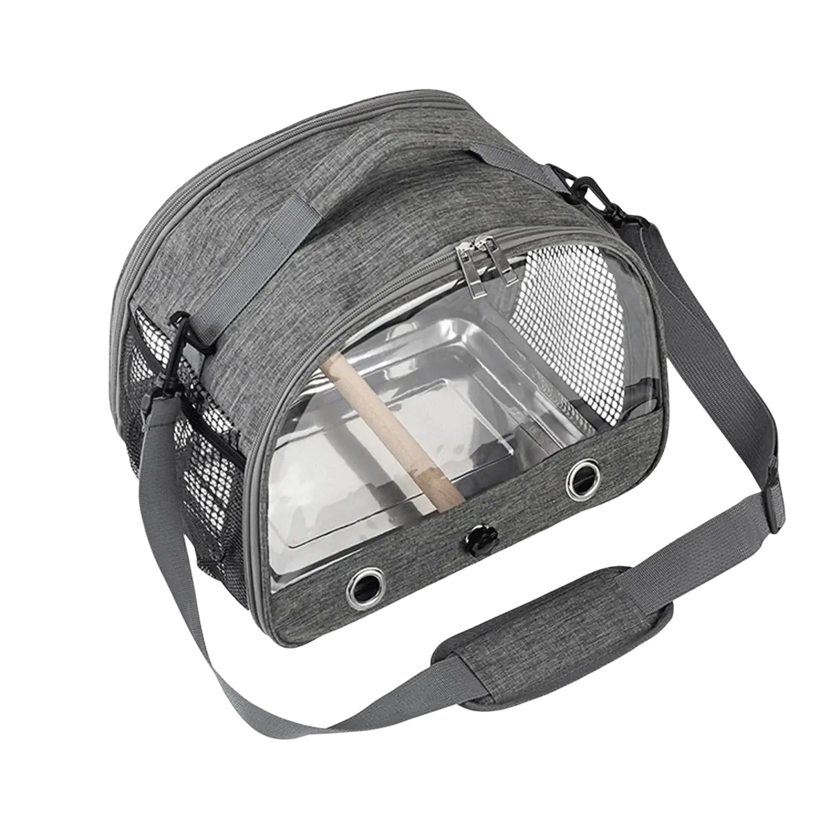 Portable pet backpack clear window carrier gray with textured fabric mesh sides and transparent front panel for ventilation