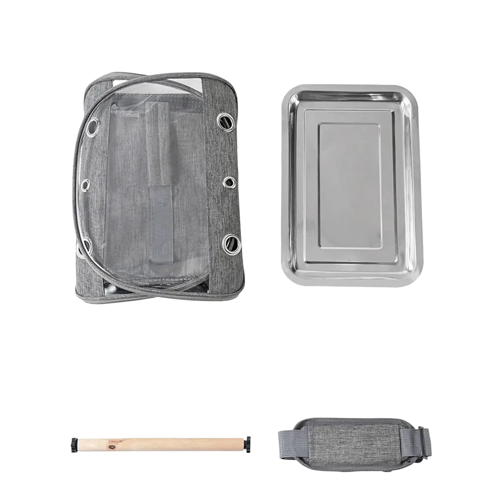 Gray textured fabric armband with transparent mesh and metal grommets designed to hold stainless steel tray