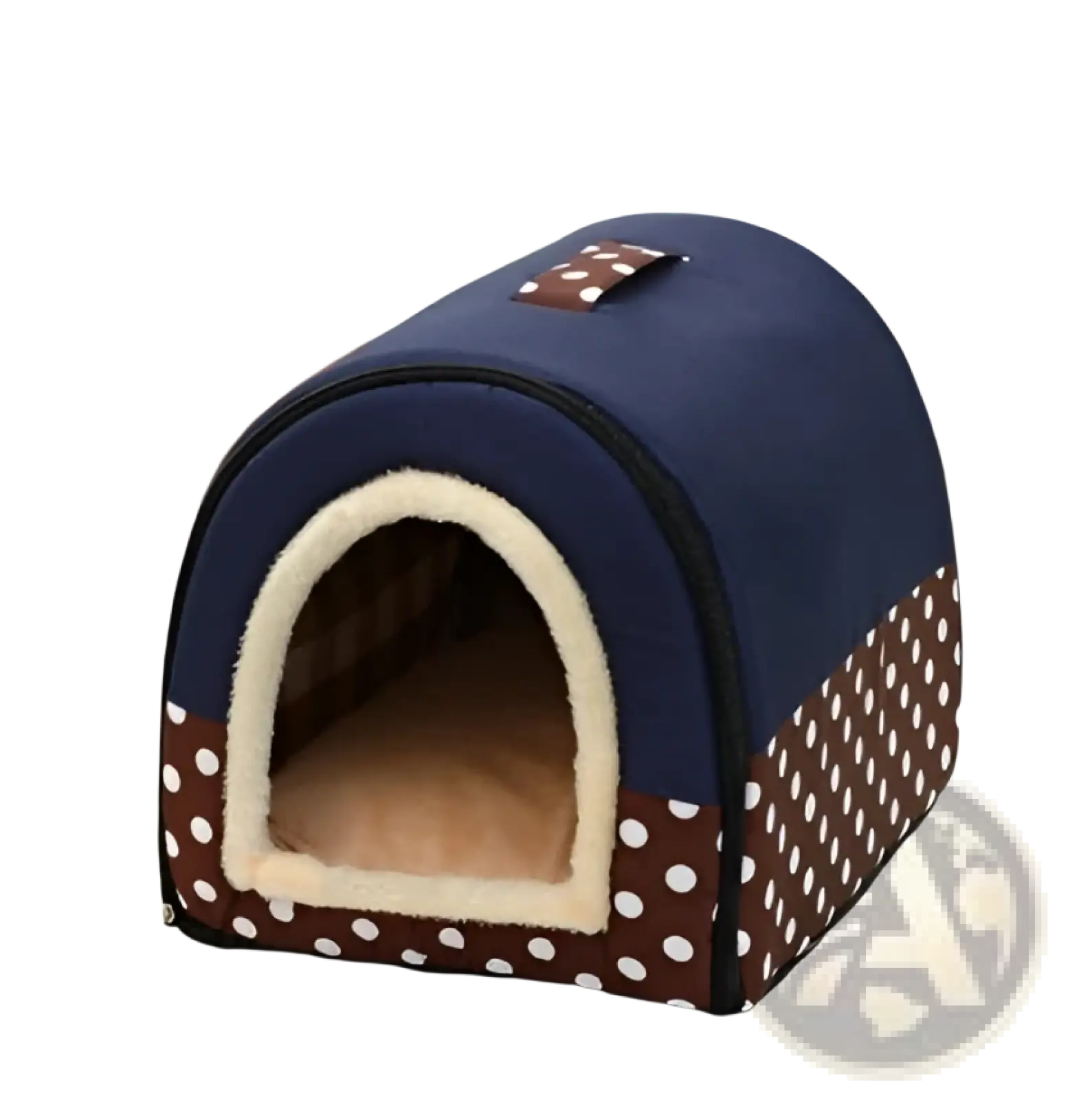 Navy blue portable pet bed with brown polka dot trim and soft plush beige interior for cats and dogs