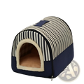 Blue and white striped portable pet bed with navy base and plush beige lining for cats and dogs
