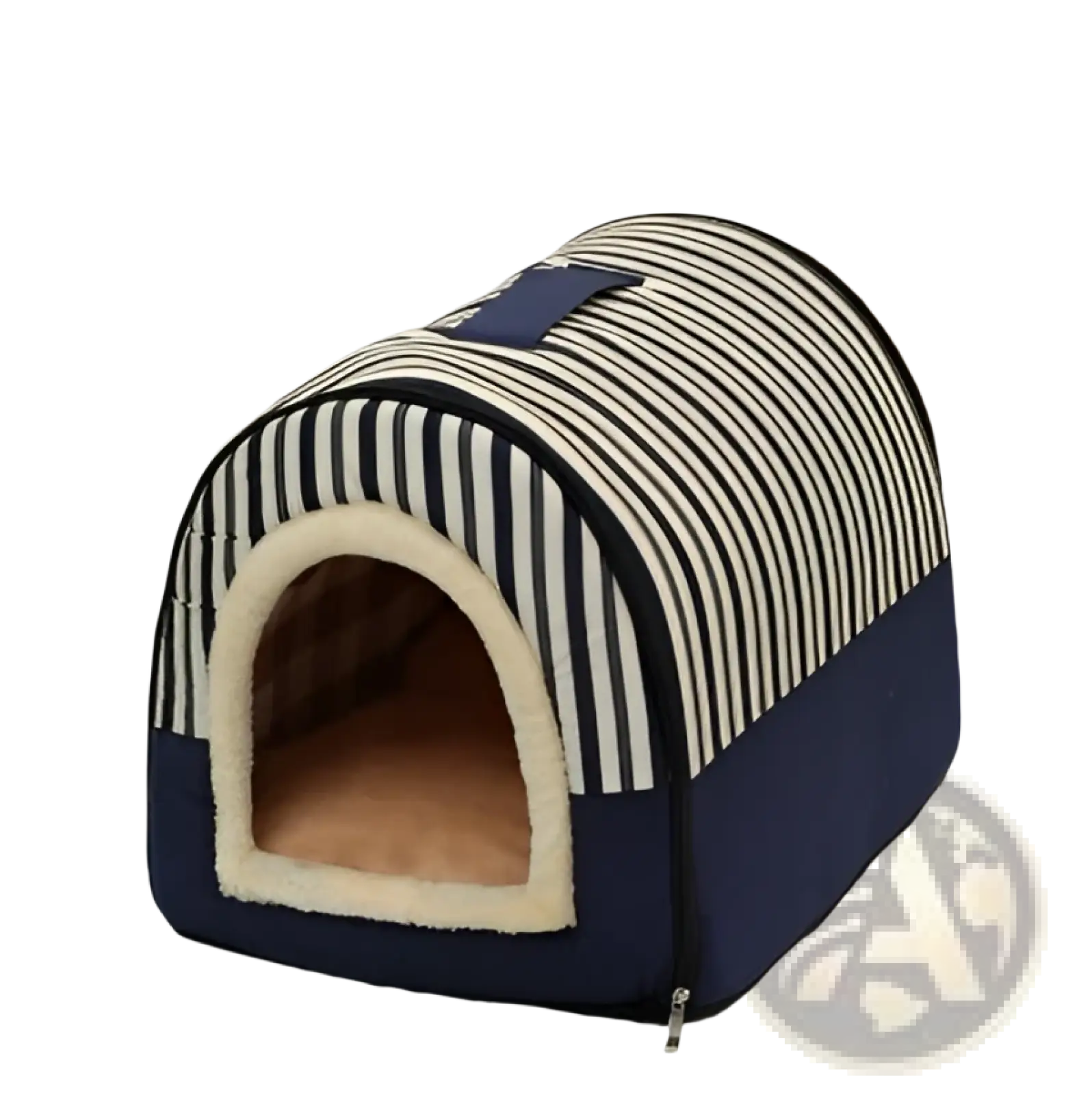 Blue and white striped portable pet bed with navy base and plush beige lining for cats and dogs