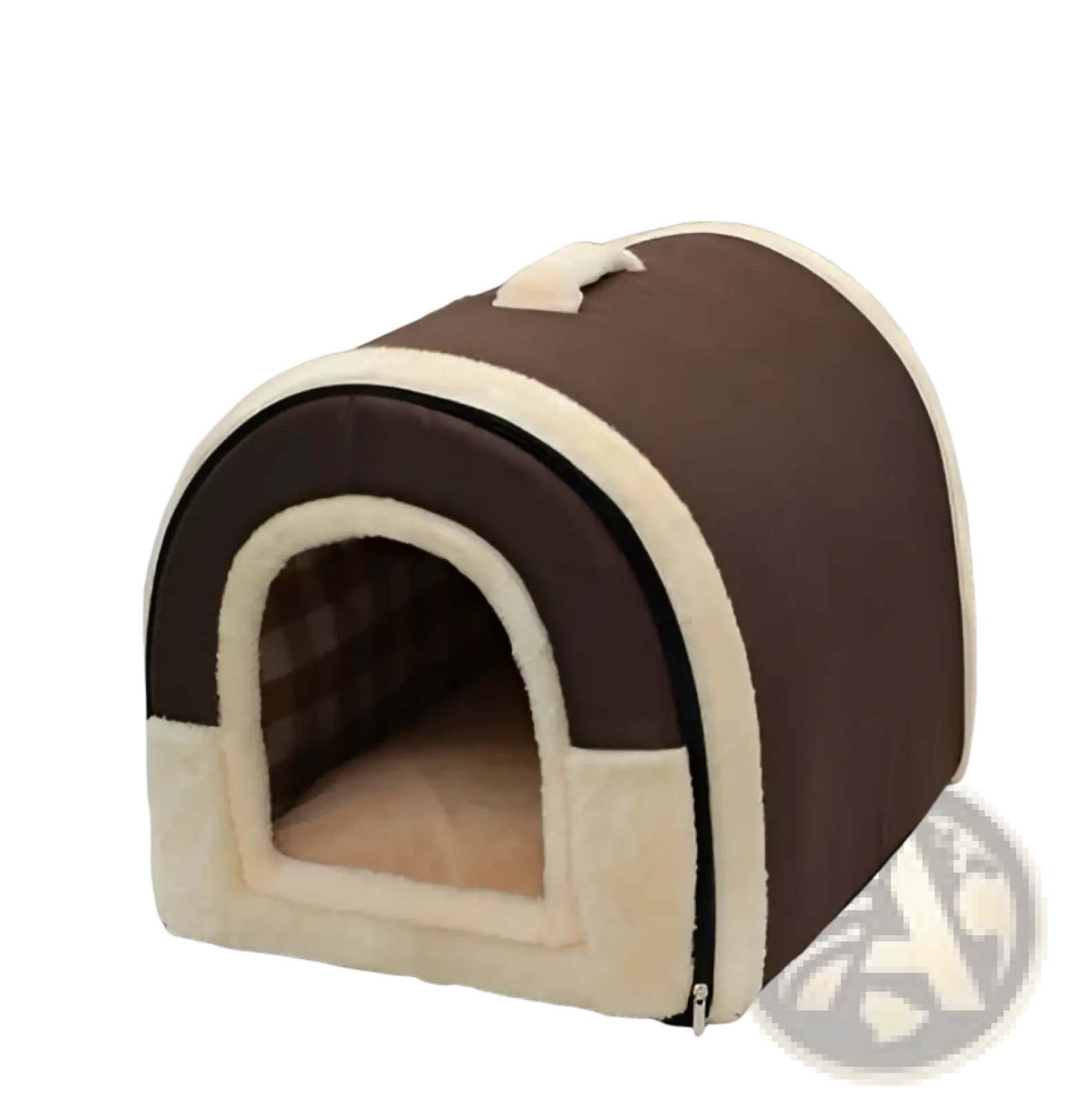 Classic brown portable pet bed with soft plush brown and cream fabric exterior and cozy interior lining for cats and dogs