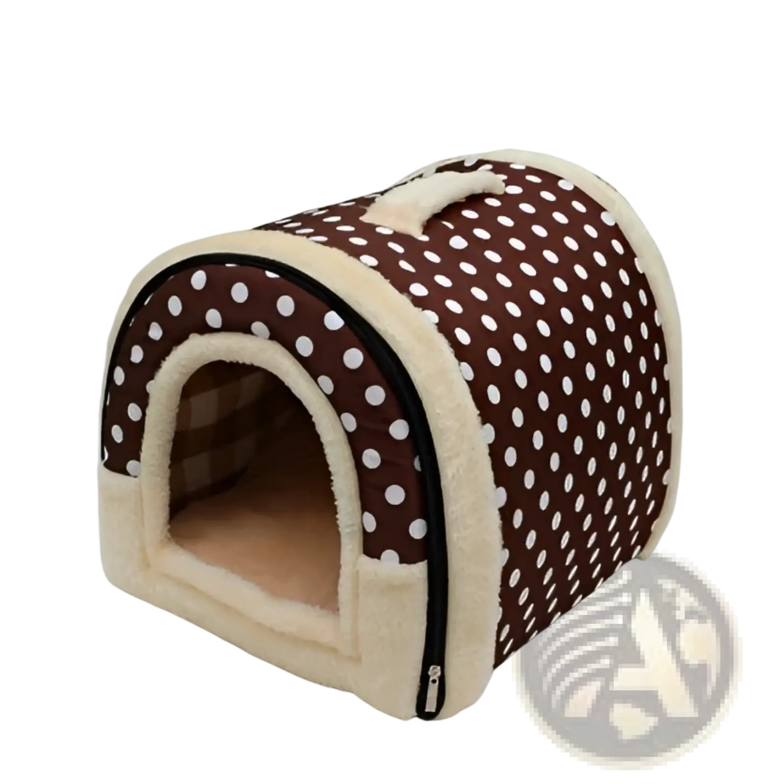 Portable pet bed with brown and white polka dot exterior and soft plush interior for cats and dogs