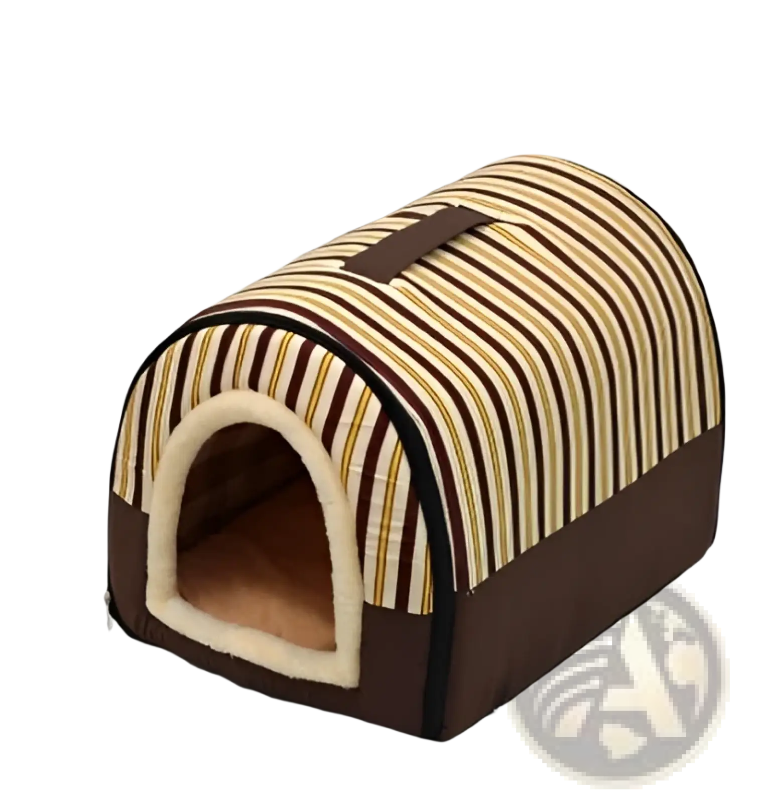 Brown and beige striped portable pet bed made of soft plush with a cozy arched entrance for cats and dogs