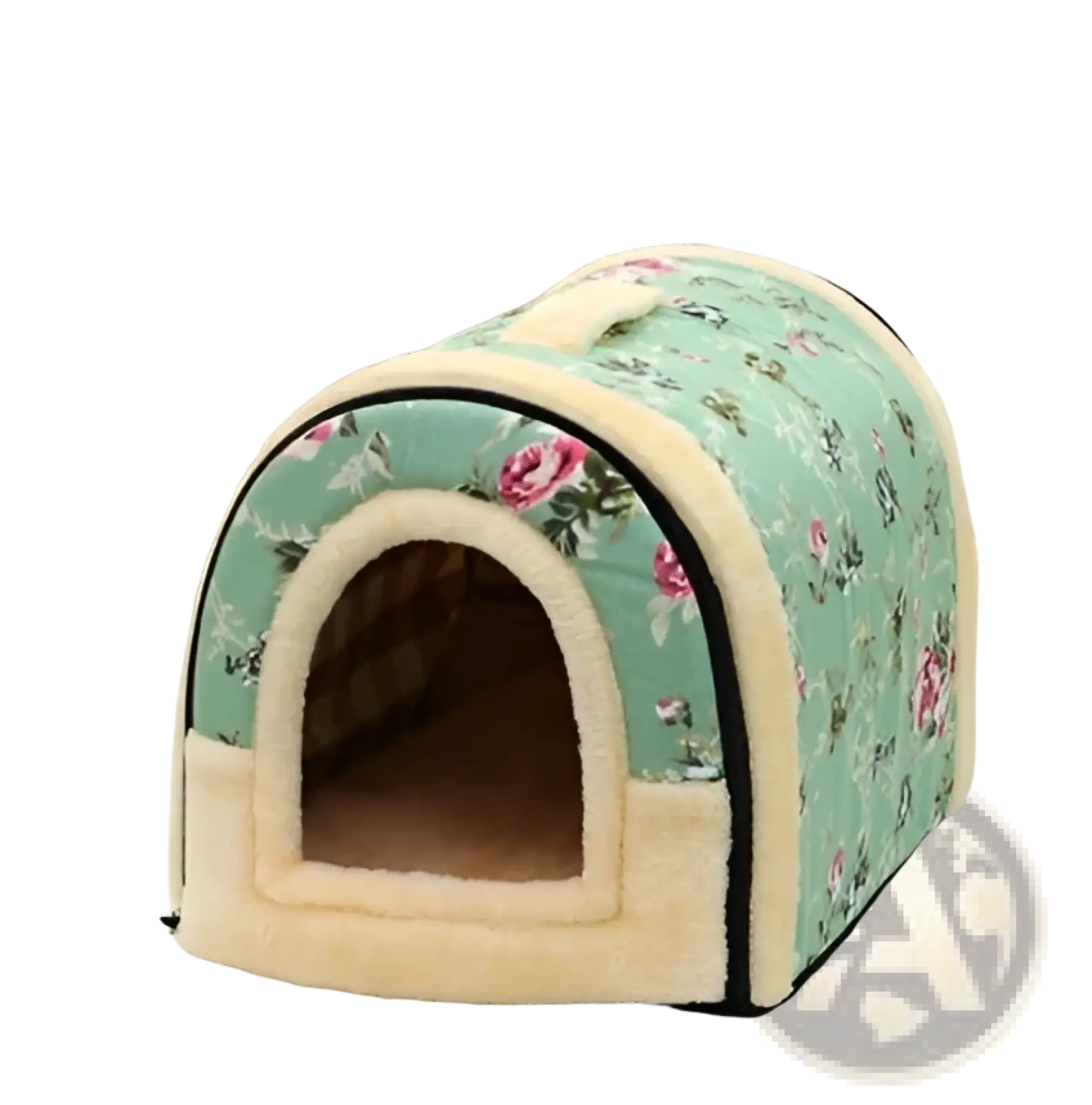 Portable pet bed soft plush kennel in soft mint green with floral pattern cream trim and plush fleece lining for cats and dogs