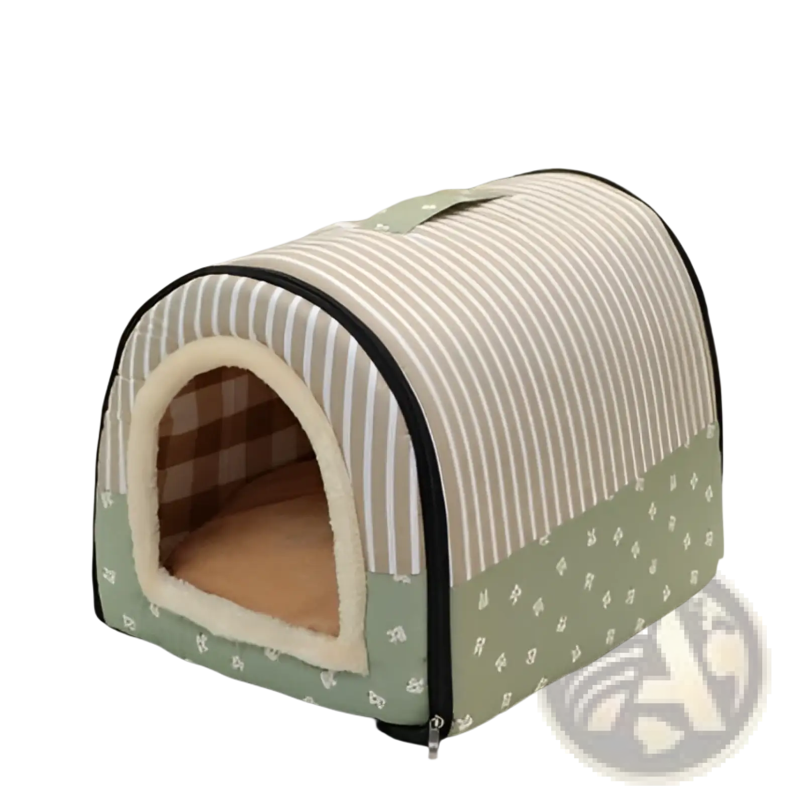 A portable pet bed soft plush kennel for cats and dogs with striped green and beige patterned exterior and plush interior