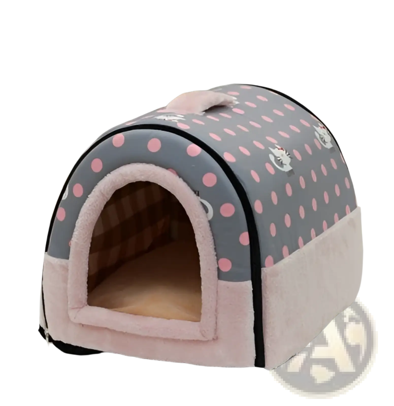 Portable pet bed soft plush kennel for cats and dogs in pink with polka dots featuring a cozy interior
