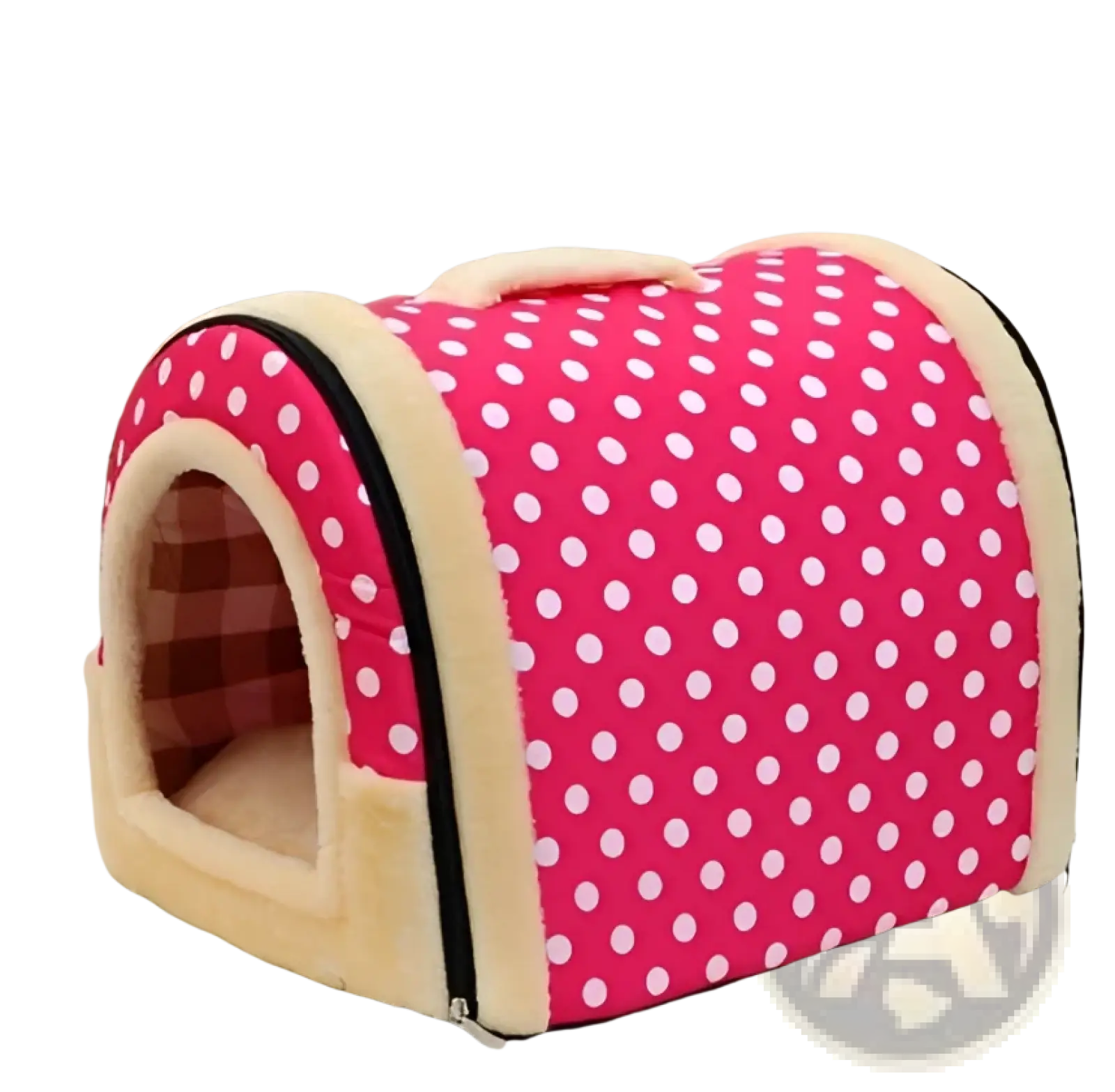 Portable pet bed soft plush kennel in pink polka dot with cozy beige interior and black trim for cats and dogs
