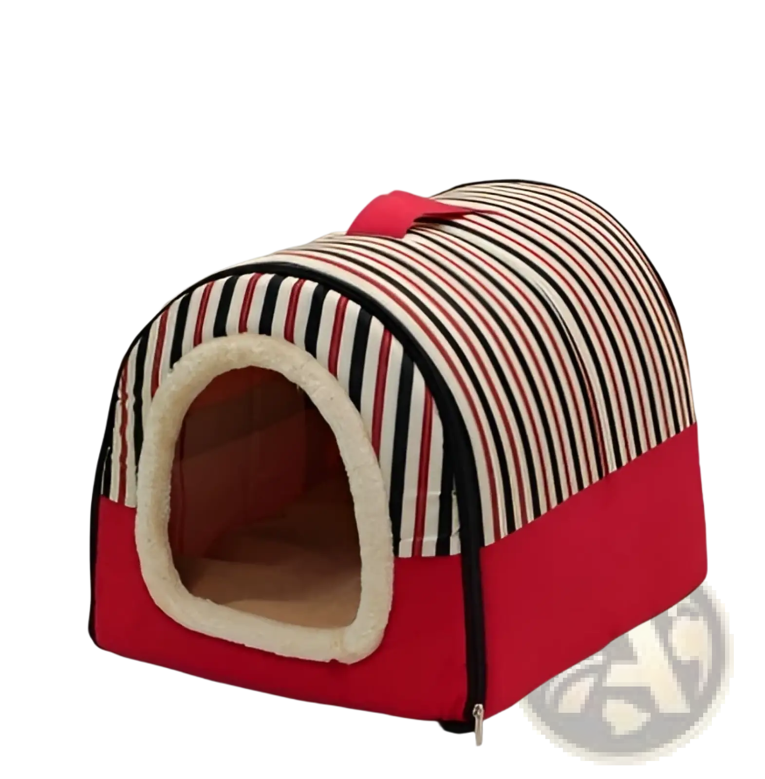 Red and black striped portable pet bed with soft plush beige interior lining for cats and dogs