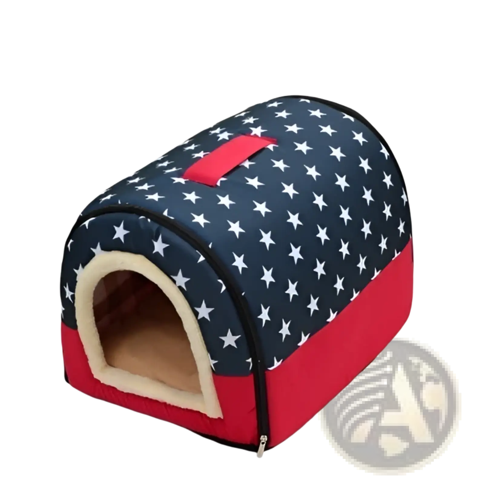 Portable pet bed soft plush kennel for cats and dogs with blue and red star pattern and cozy beige interior lining