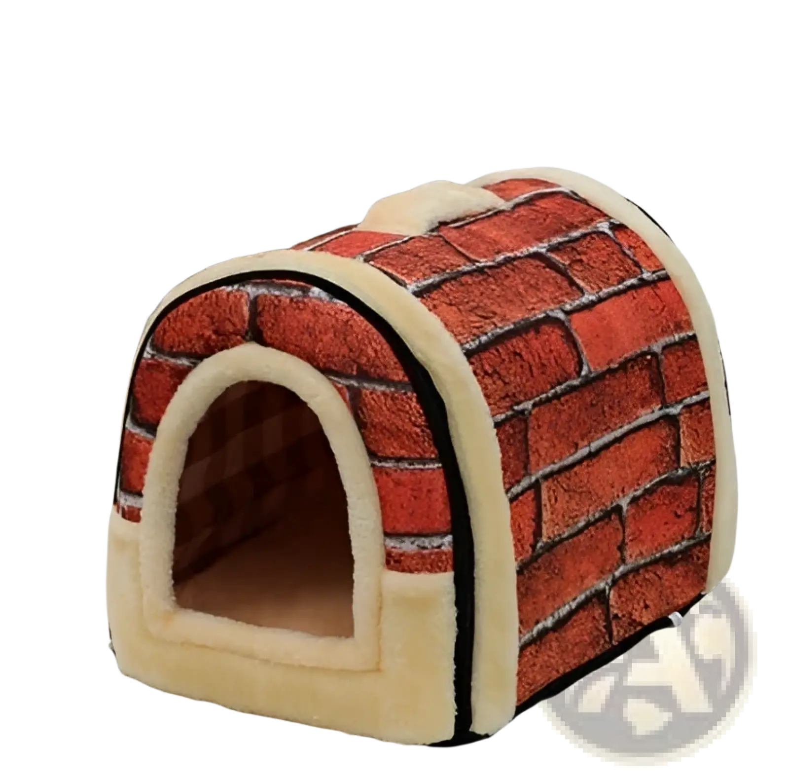 Portable pet bed soft plush kennel for cats and dogs in red brick pattern with cream fleece lining and trim