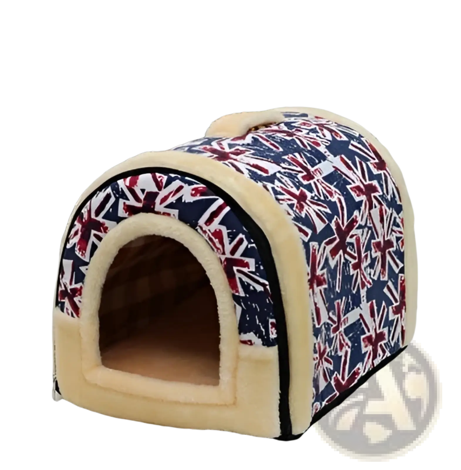 A portable pet bed with a union jack pattern and cream plush trim for cats and dogs featuring a cozy arched design