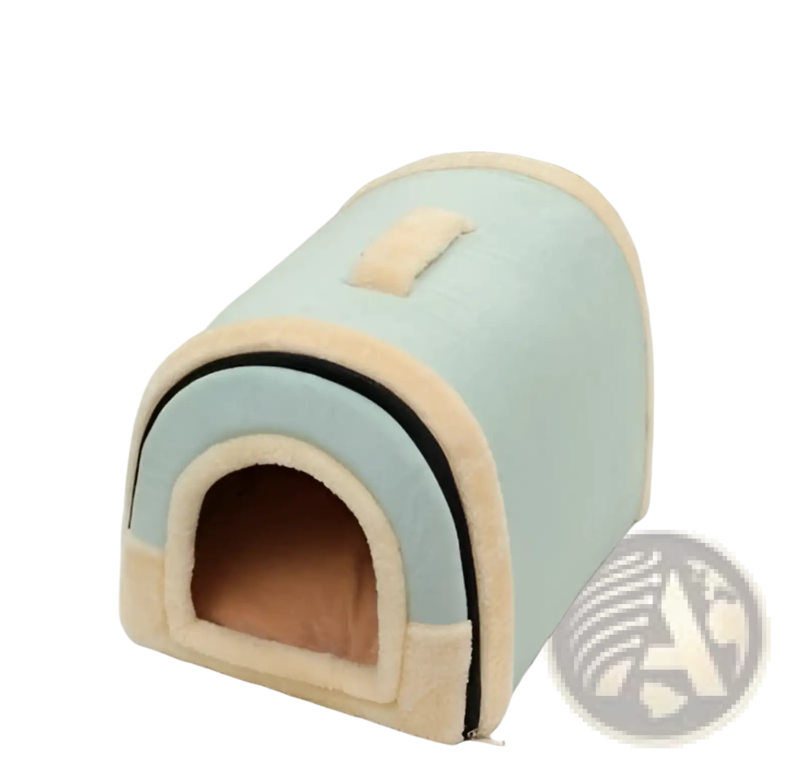 Light green plush portable pet bed with beige and black trim soft plush kennel for cats and dogs