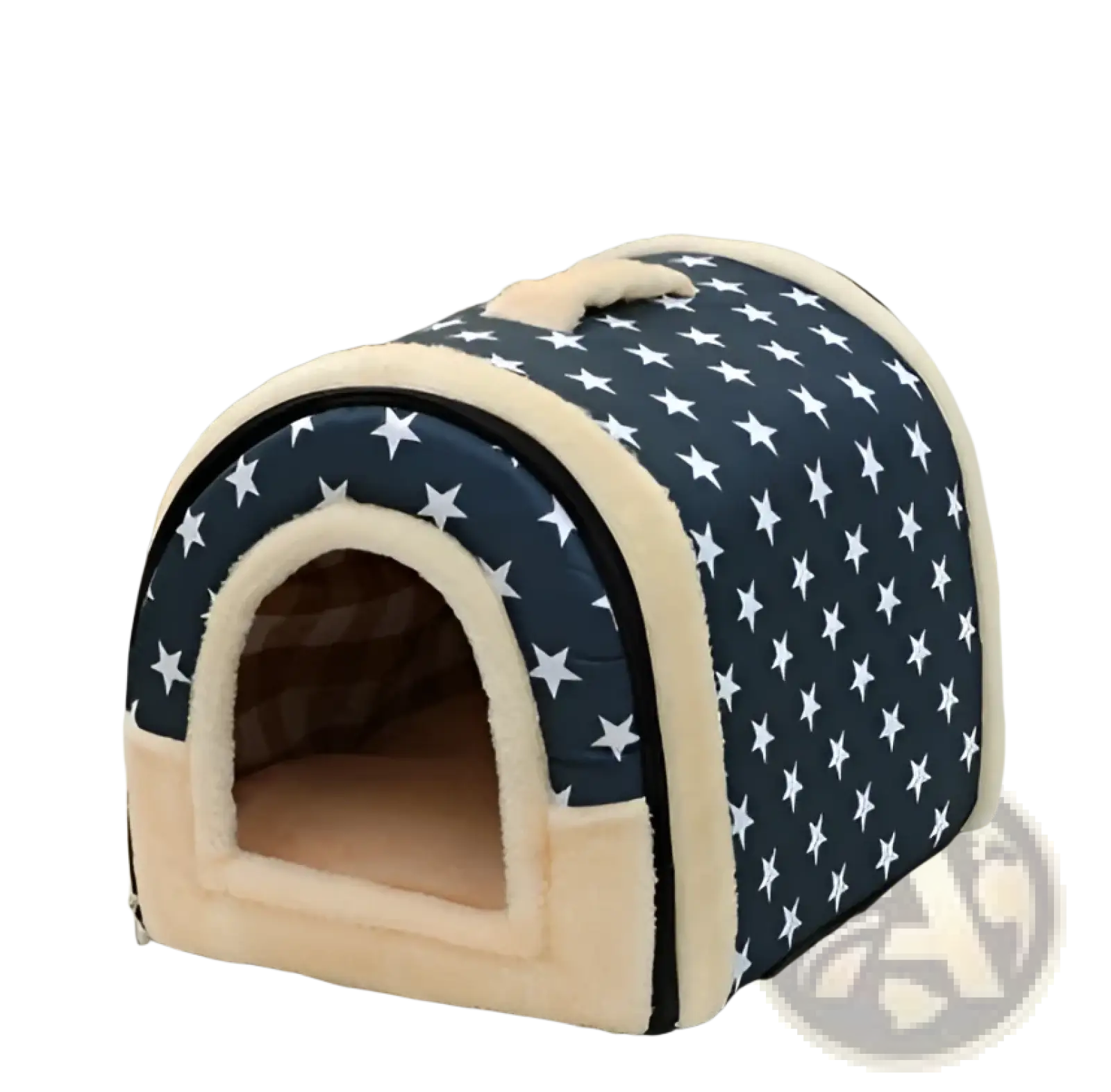 Navy blue and cream star-patterned portable pet bed with soft plush interior for cats and dogs