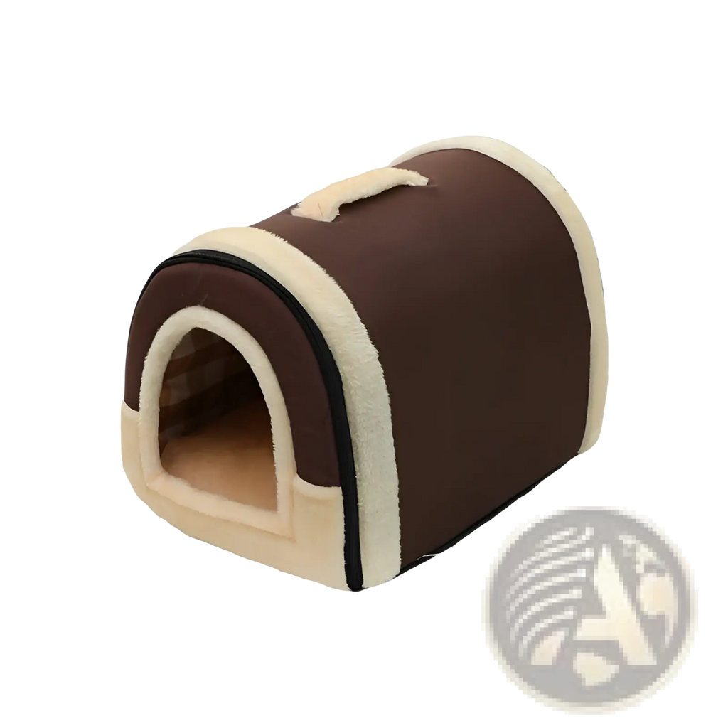 Brown and cream plush portable pet bed with a soft tunnel-like design for cats and dogs