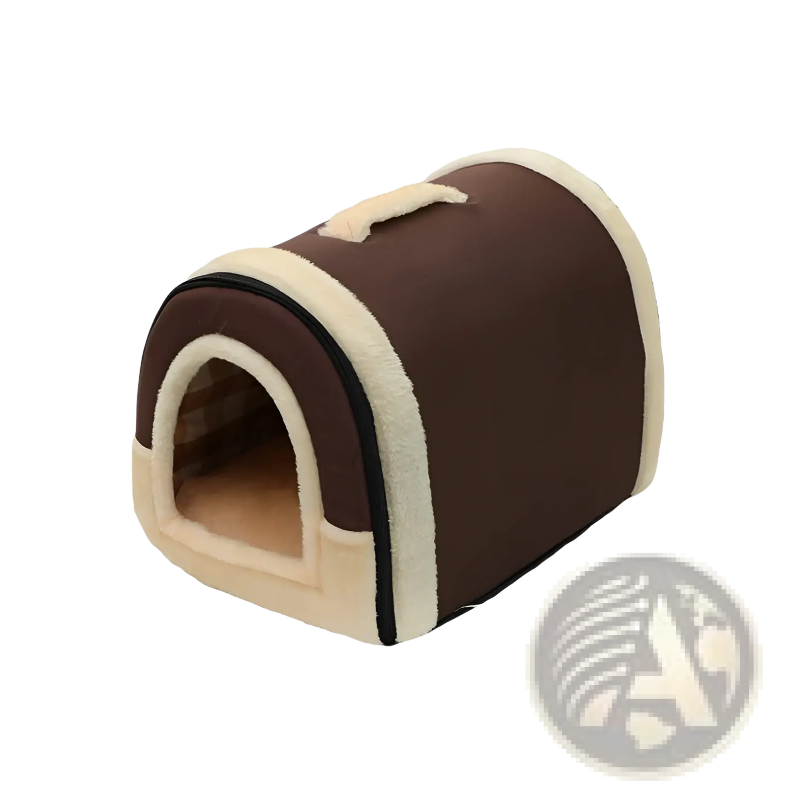Brown and cream plush portable pet bed with a soft tunnel-like design for cats and dogs